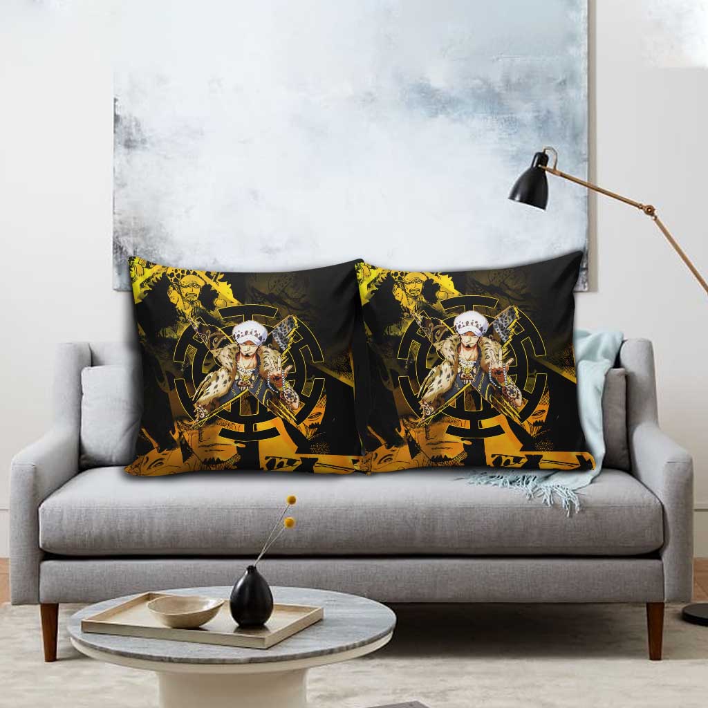 Trafalgar Law One Piece Yellow and Black Theme Pillow Cover with Jolly Roger Symbol and Manga Panel Design - The Mazicc