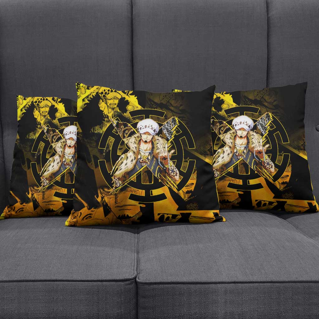 Trafalgar Law One Piece Yellow and Black Theme Pillow Cover with Jolly Roger Symbol and Manga Panel Design - The Mazicc