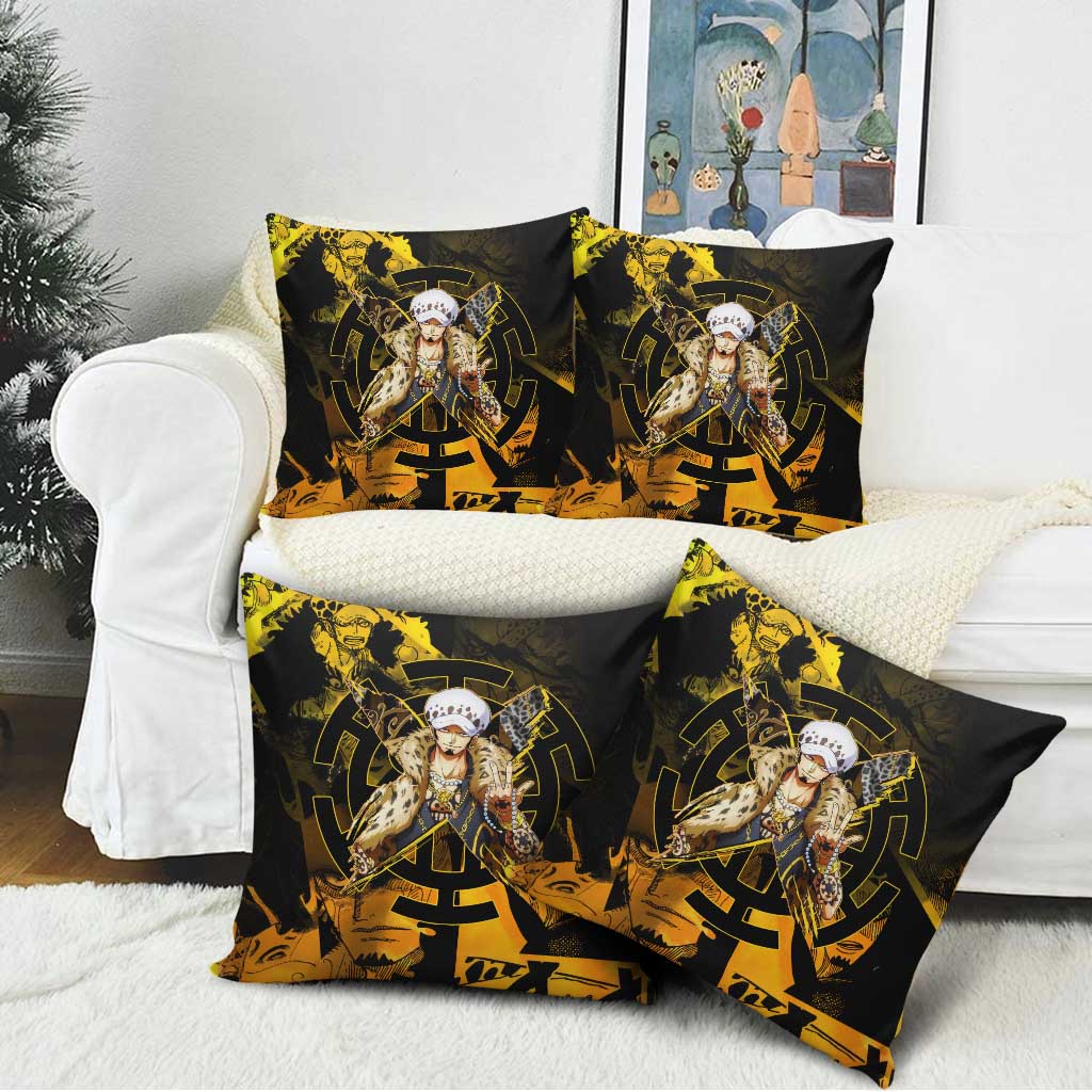 Trafalgar Law One Piece Yellow and Black Theme Pillow Cover with Jolly Roger Symbol and Manga Panel Design - The Mazicc