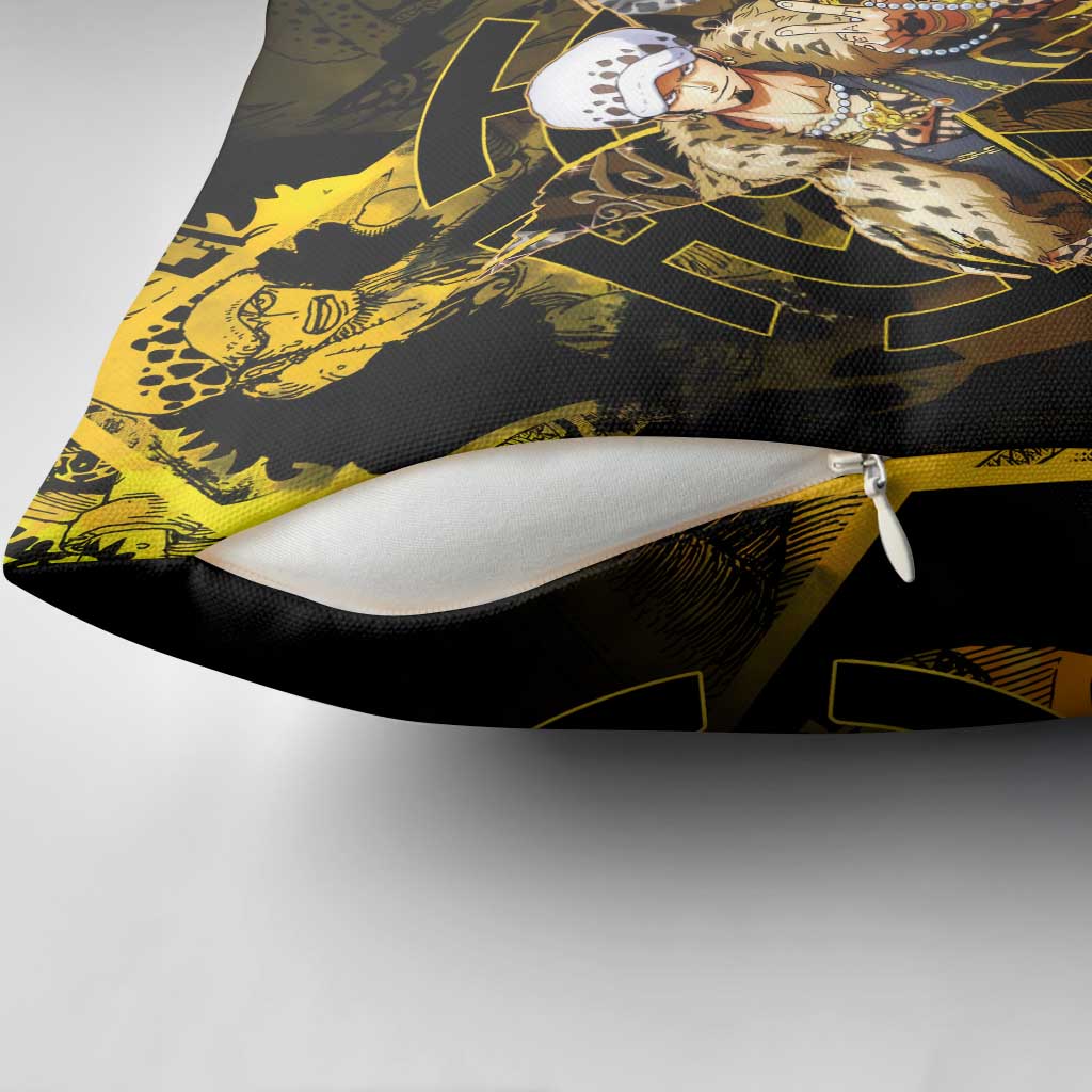 Trafalgar Law One Piece Yellow and Black Theme Pillow Cover with Jolly Roger Symbol and Manga Panel Design - The Mazicc