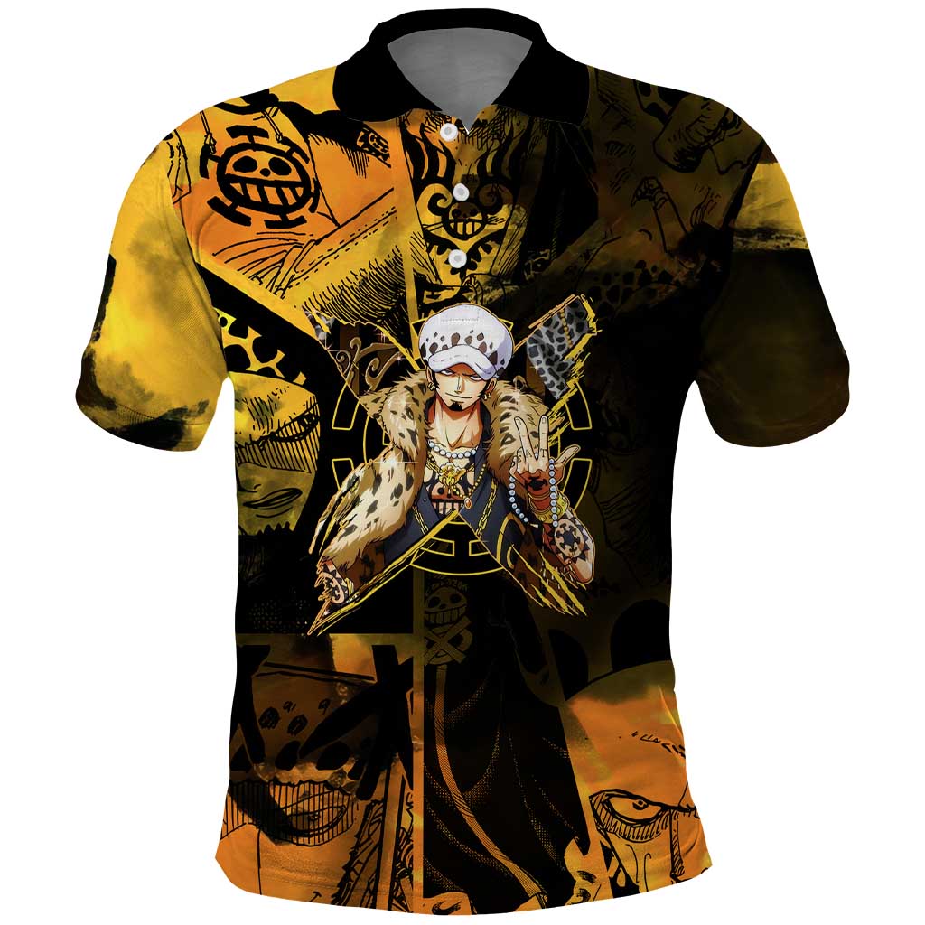 Trafalgar Law One Piece Yellow and Black Theme Polo Shirt with Jolly Roger Symbol and Manga Panel Design - The Mazicc