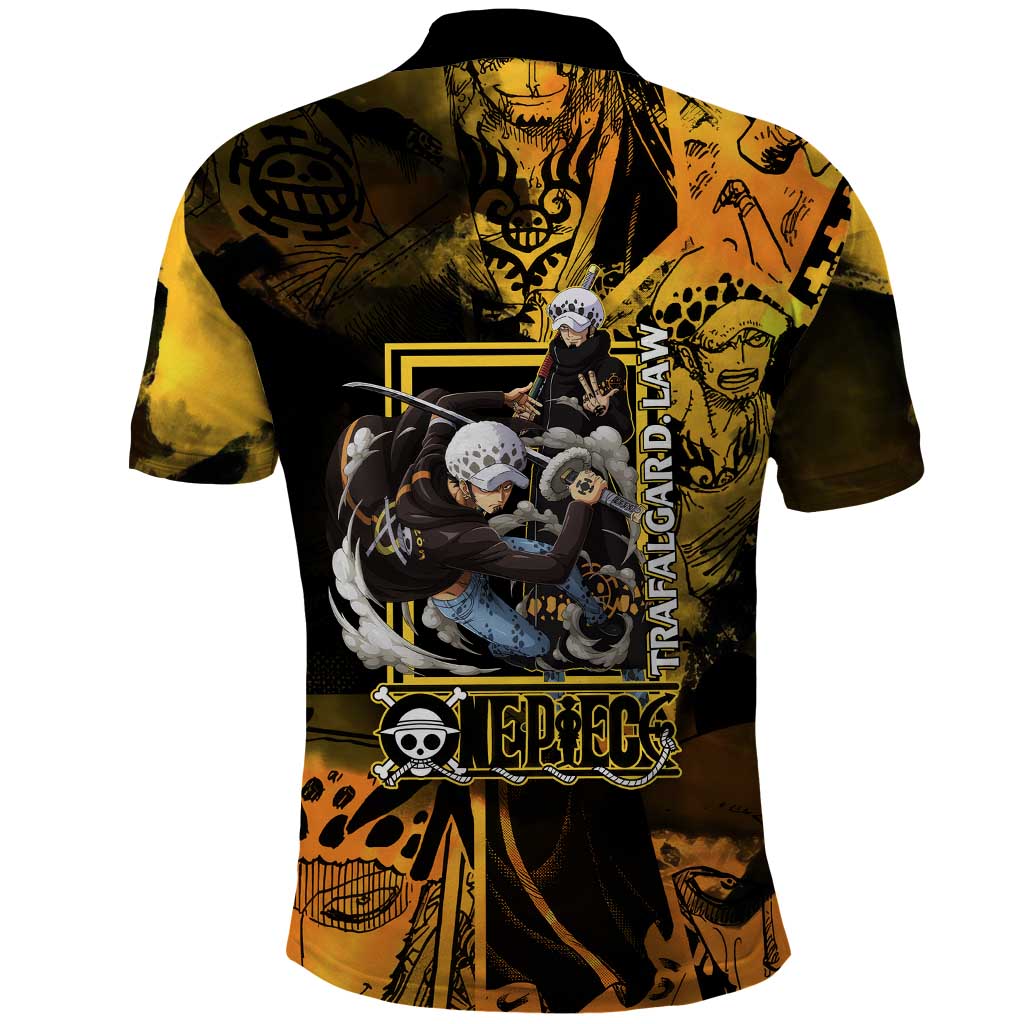 Trafalgar Law One Piece Yellow and Black Theme Polo Shirt with Jolly Roger Symbol and Manga Panel Design - The Mazicc