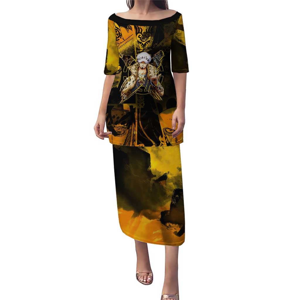 Trafalgar Law One Piece Yellow and Black Theme Puletasi with Jolly Roger Symbol and Manga Panel Design - The Mazicc