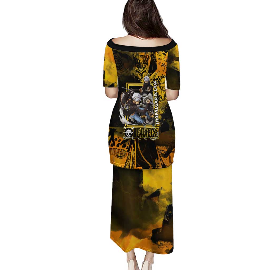 Trafalgar Law One Piece Yellow and Black Theme Puletasi with Jolly Roger Symbol and Manga Panel Design - The Mazicc