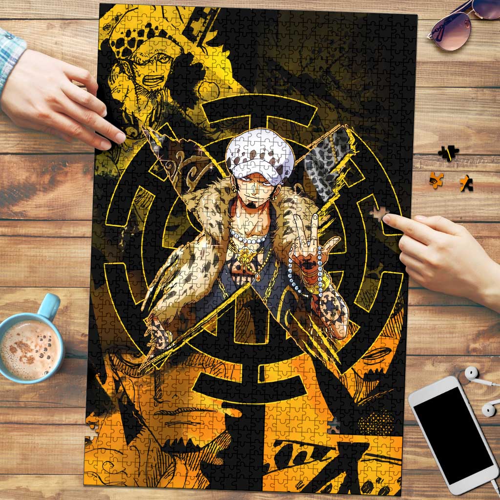 Trafalgar Law One Piece Yellow and Black Theme Puzzle with Jolly Roger Symbol and Manga Panel Design - The Mazicc