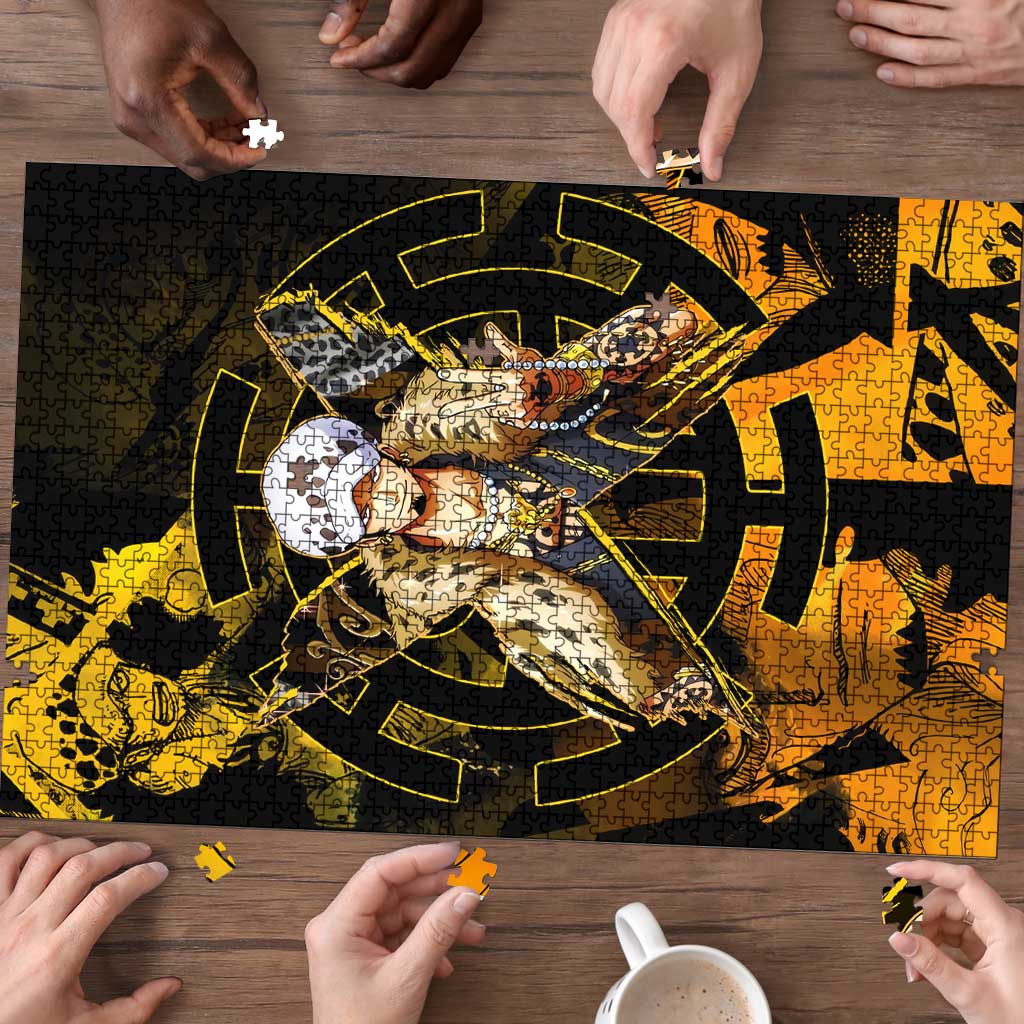 Trafalgar Law One Piece Yellow and Black Theme Puzzle with Jolly Roger Symbol and Manga Panel Design - The Mazicc
