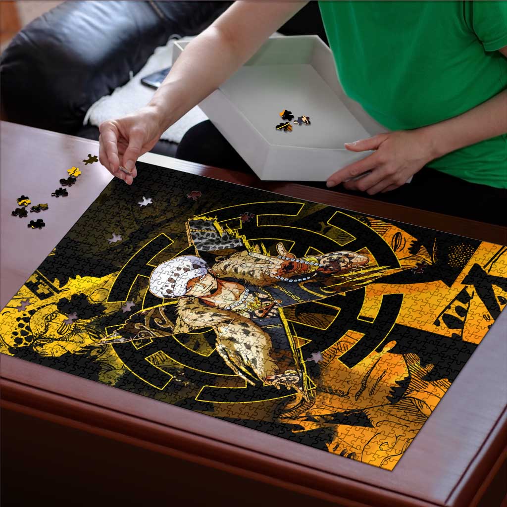 Trafalgar Law One Piece Yellow and Black Theme Puzzle with Jolly Roger Symbol and Manga Panel Design - The Mazicc