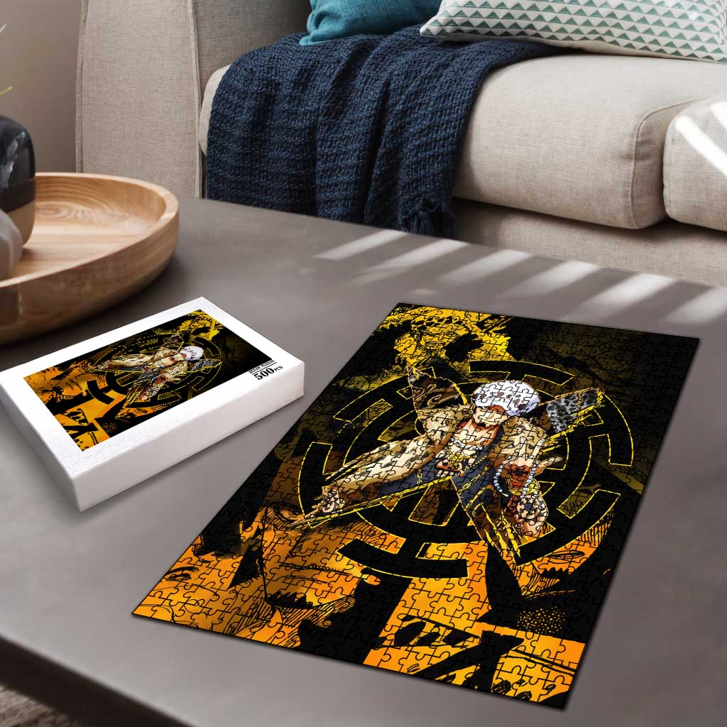 Trafalgar Law One Piece Yellow and Black Theme Puzzle with Jolly Roger Symbol and Manga Panel Design - The Mazicc