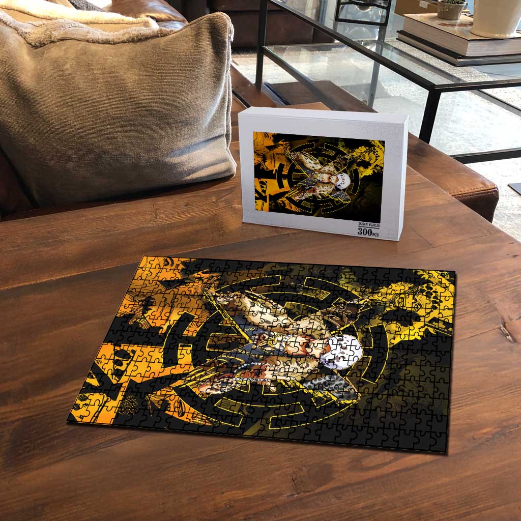 Trafalgar Law One Piece Yellow and Black Theme Puzzle with Jolly Roger Symbol and Manga Panel Design - The Mazicc