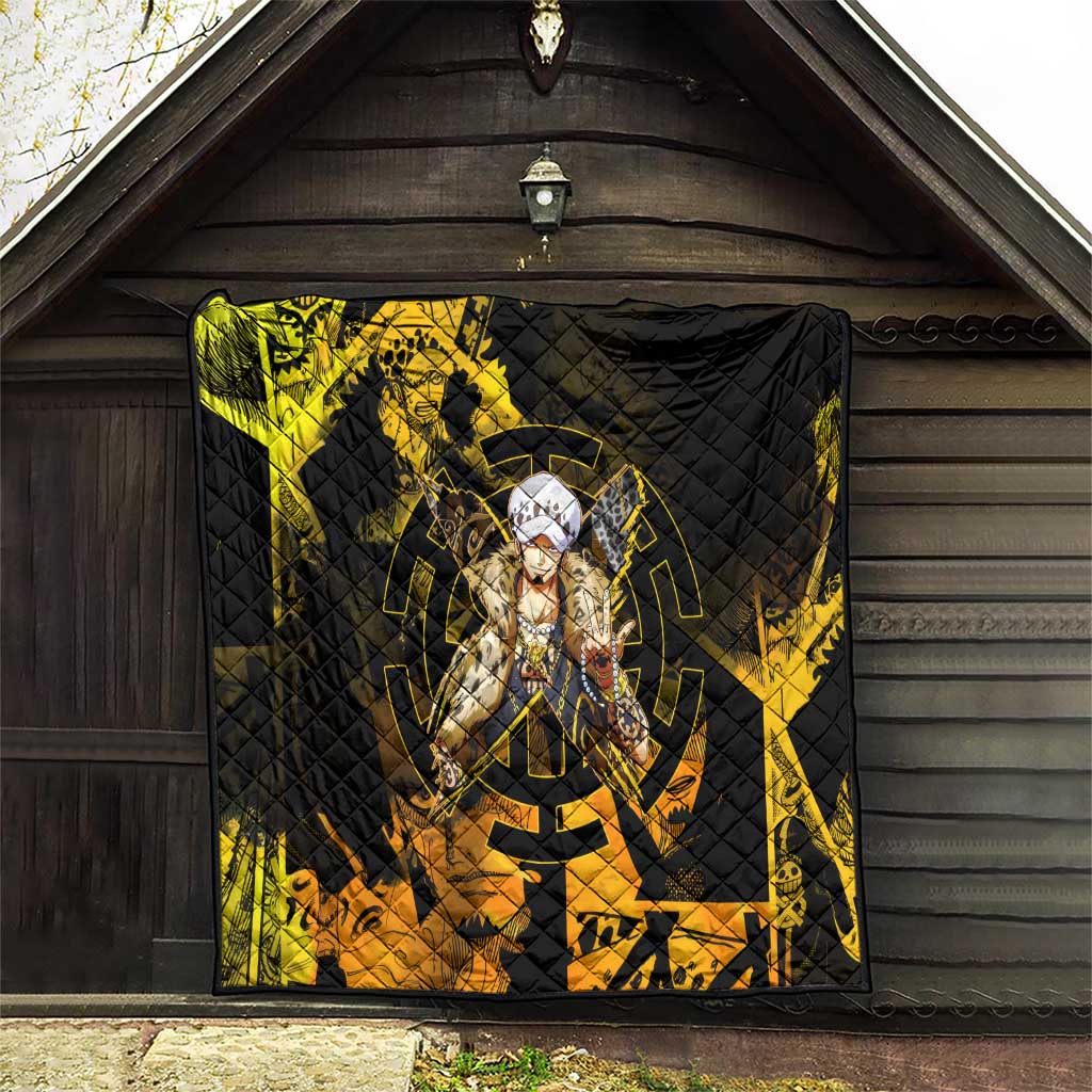 Trafalgar Law One Piece Yellow and Black Theme Quilt with Jolly Roger Symbol and Manga Panel Design - The Mazicc