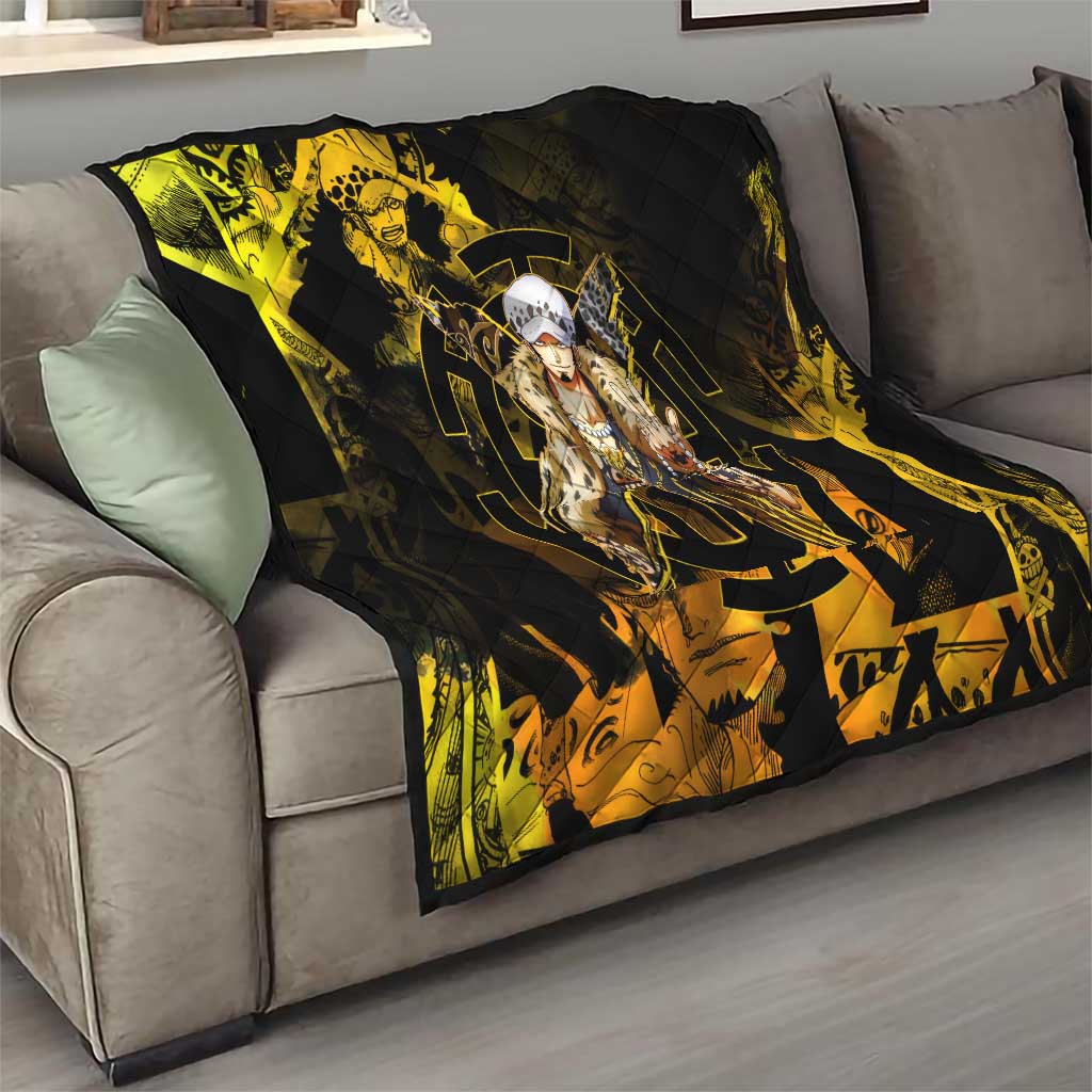 Trafalgar Law One Piece Yellow and Black Theme Quilt with Jolly Roger Symbol and Manga Panel Design - The Mazicc