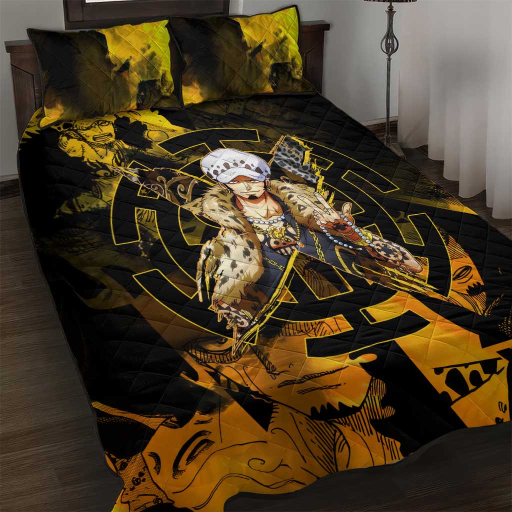 Trafalgar Law One Piece Yellow and Black Theme Quilt Bed Set with Jolly Roger Symbol and Manga Panel Design - The Mazicc