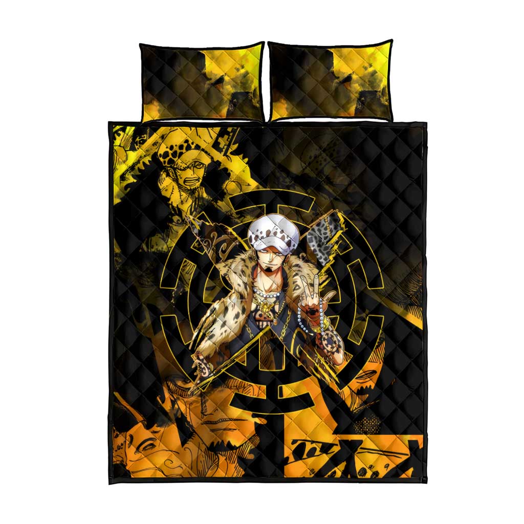 Trafalgar Law One Piece Yellow and Black Theme Quilt Bed Set with Jolly Roger Symbol and Manga Panel Design - The Mazicc