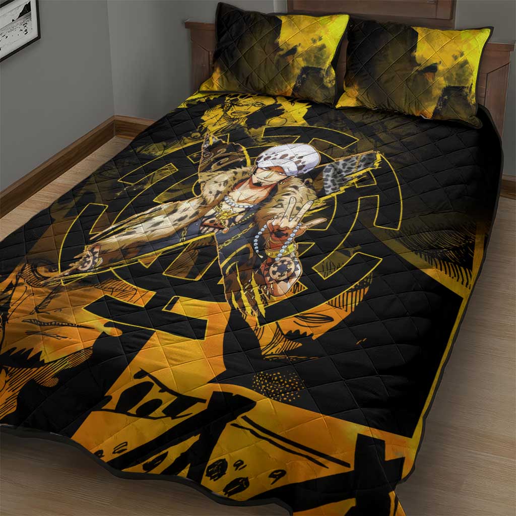 Trafalgar Law One Piece Yellow and Black Theme Quilt Bed Set with Jolly Roger Symbol and Manga Panel Design - The Mazicc