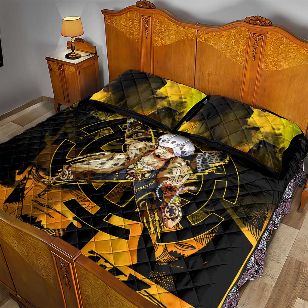Trafalgar Law One Piece Yellow and Black Theme Quilt Bed Set with Jolly Roger Symbol and Manga Panel Design - The Mazicc