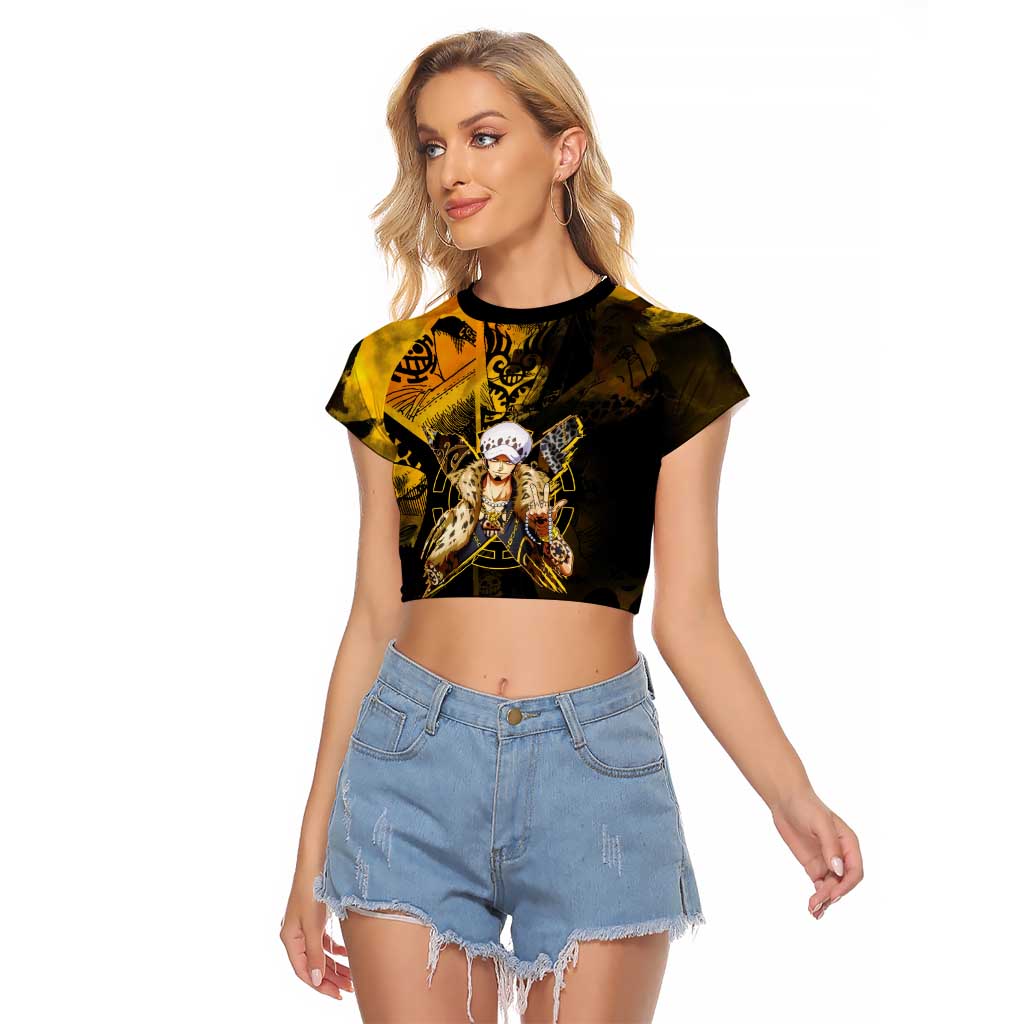 Trafalgar Law One Piece Yellow and Black Theme Raglan Cropped T Shirt with Jolly Roger Symbol and Manga Panel Design - The Mazicc