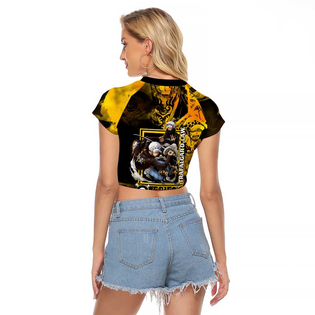 Trafalgar Law One Piece Yellow and Black Theme Raglan Cropped T Shirt with Jolly Roger Symbol and Manga Panel Design - The Mazicc