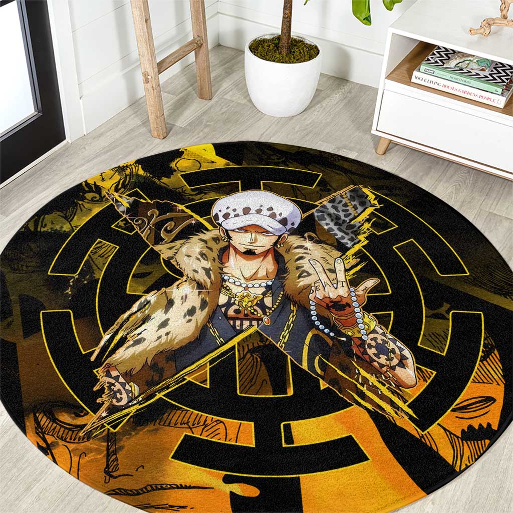Trafalgar Law One Piece Yellow and Black Theme Round Carpet with Jolly Roger Symbol and Manga Panel Design - The Mazicc