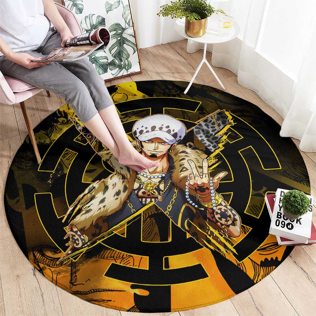 Trafalgar Law One Piece Yellow and Black Theme Round Carpet with Jolly Roger Symbol and Manga Panel Design - The Mazicc