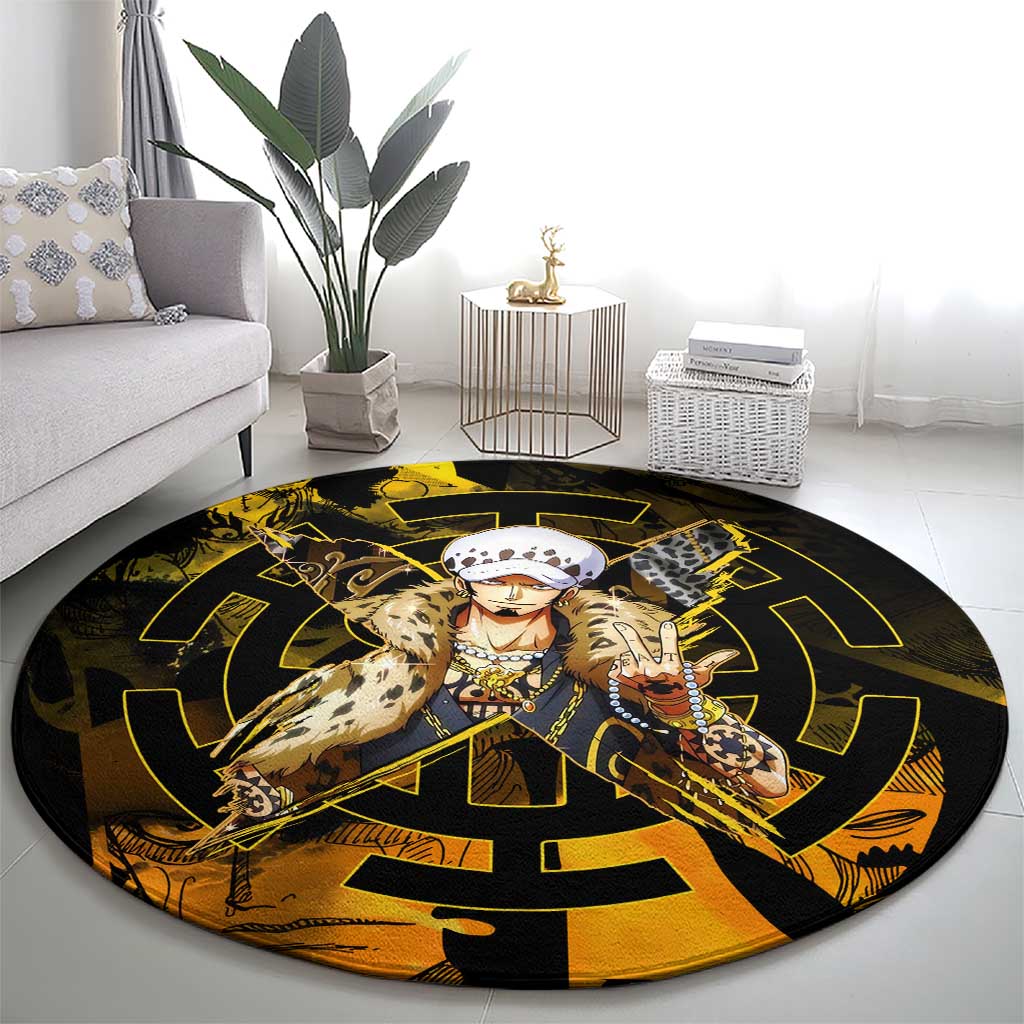 Trafalgar Law One Piece Yellow and Black Theme Round Carpet with Jolly Roger Symbol and Manga Panel Design - The Mazicc