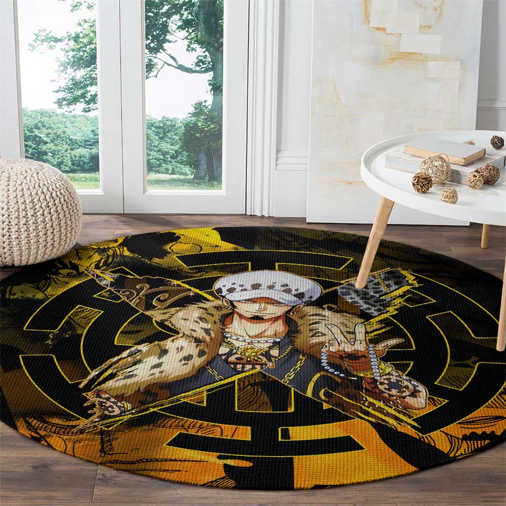 Trafalgar Law One Piece Yellow and Black Theme Round Carpet with Jolly Roger Symbol and Manga Panel Design - The Mazicc