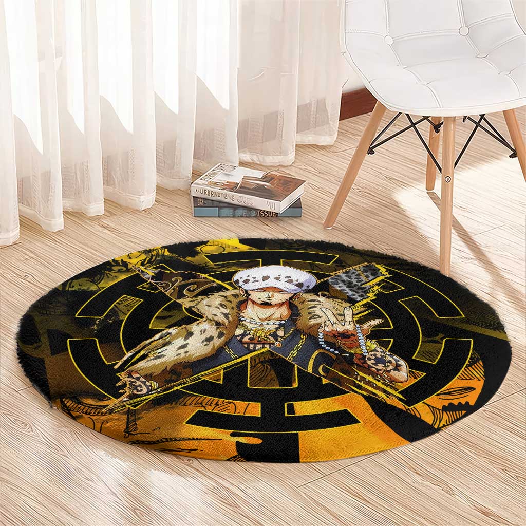 Trafalgar Law One Piece Yellow and Black Theme Round Carpet with Jolly Roger Symbol and Manga Panel Design - The Mazicc