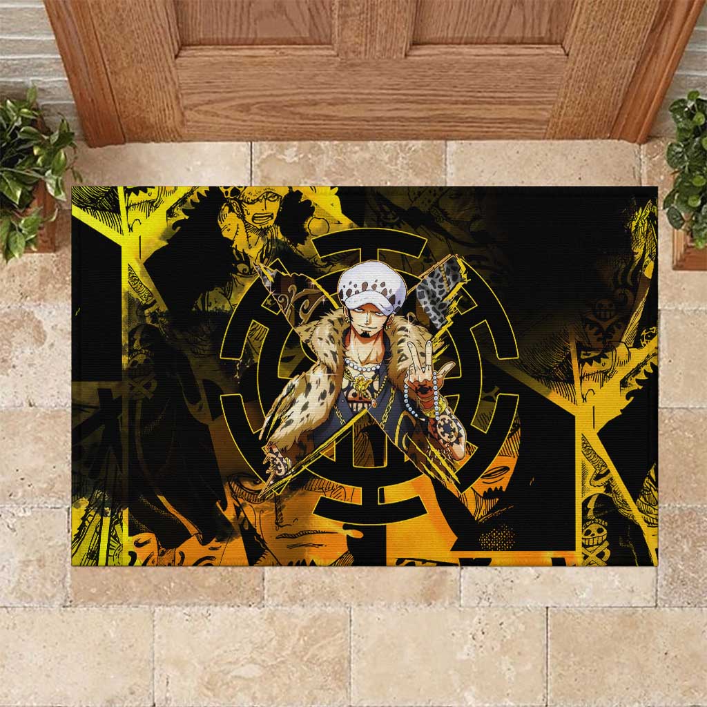 Trafalgar Law One Piece Yellow and Black Theme Rubber Doormat with Jolly Roger Symbol and Manga Panel Design - The Mazicc