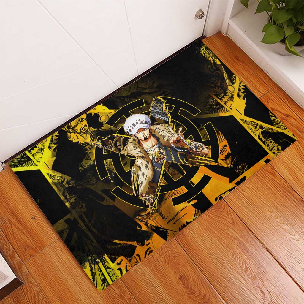 Trafalgar Law One Piece Yellow and Black Theme Rubber Doormat with Jolly Roger Symbol and Manga Panel Design - The Mazicc