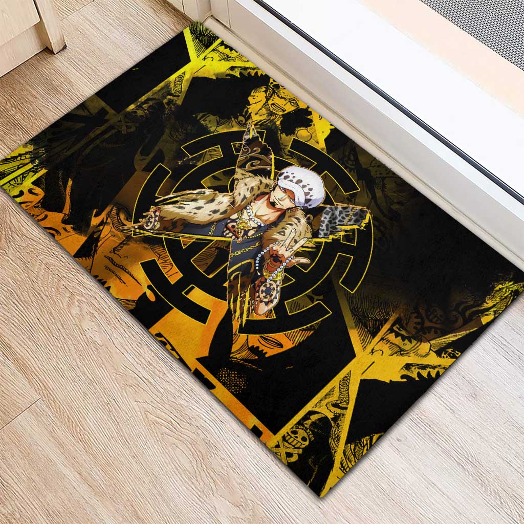 Trafalgar Law One Piece Yellow and Black Theme Rubber Doormat with Jolly Roger Symbol and Manga Panel Design - The Mazicc