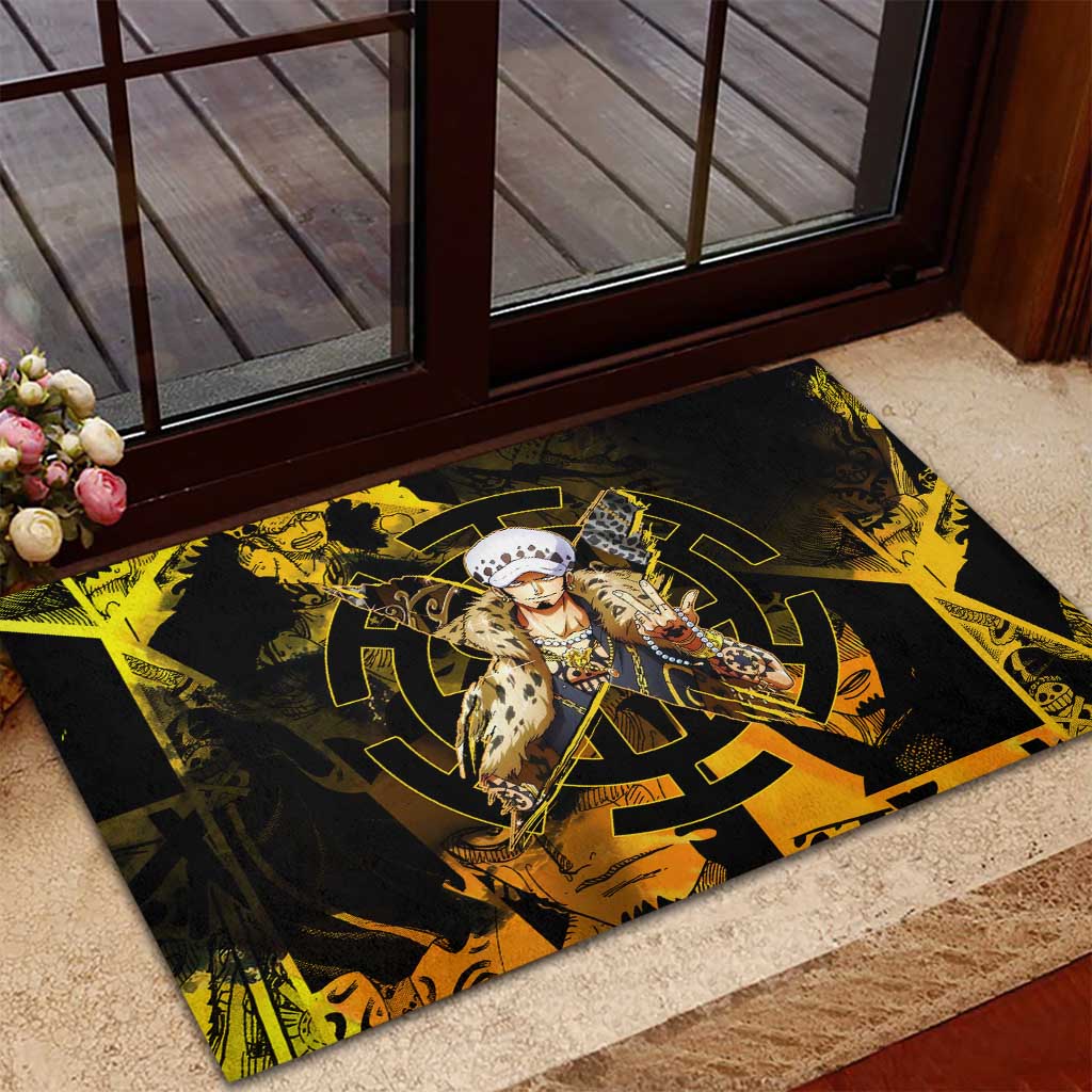 Trafalgar Law One Piece Yellow and Black Theme Rubber Doormat with Jolly Roger Symbol and Manga Panel Design - The Mazicc