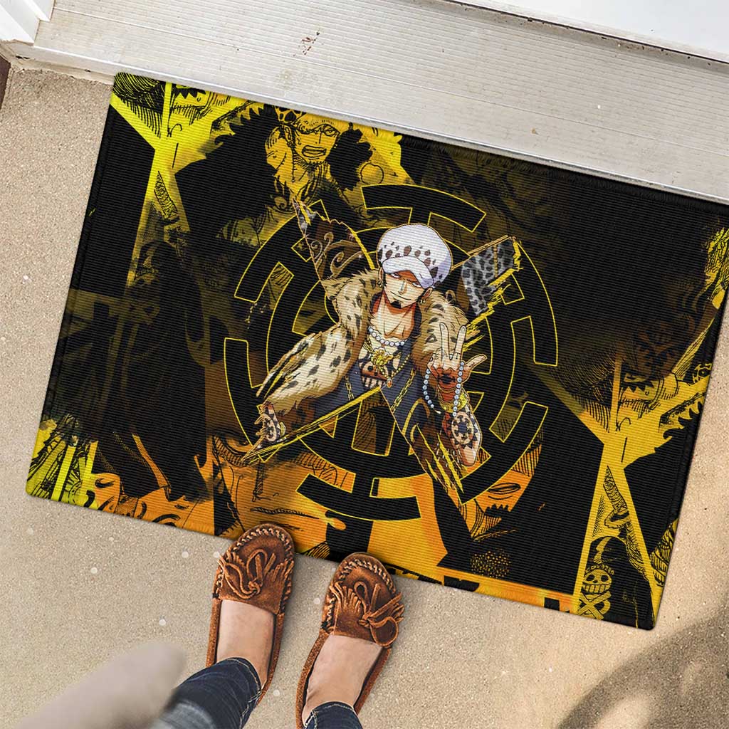 Trafalgar Law One Piece Yellow and Black Theme Rubber Doormat with Jolly Roger Symbol and Manga Panel Design - The Mazicc
