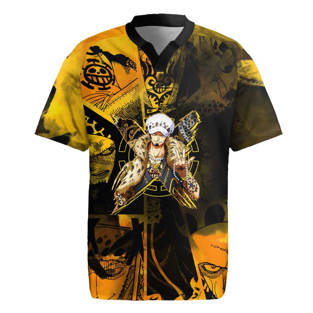 Trafalgar Law One Piece Yellow and Black Theme Rugby Jersey with Jolly Roger Symbol and Manga Panel Design - The Mazicc