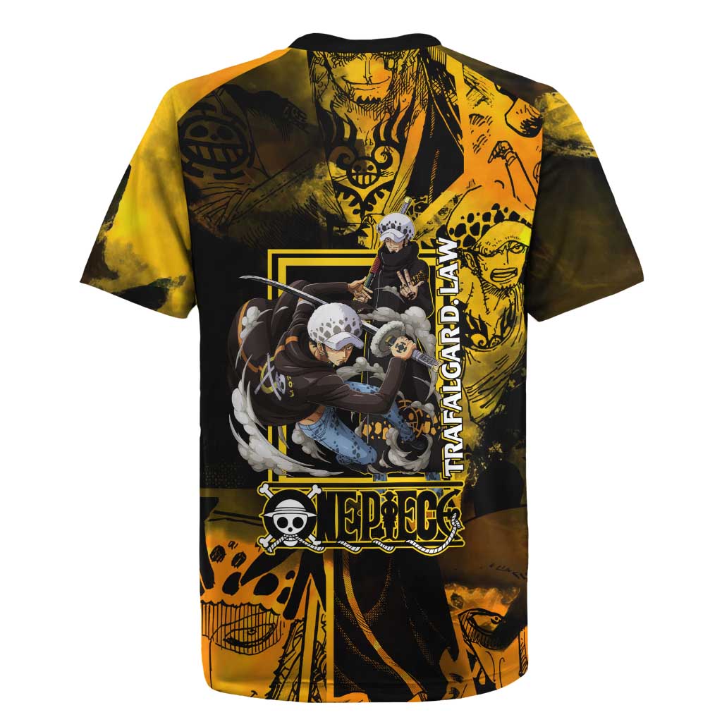 Trafalgar Law One Piece Yellow and Black Theme Rugby Jersey with Jolly Roger Symbol and Manga Panel Design - The Mazicc