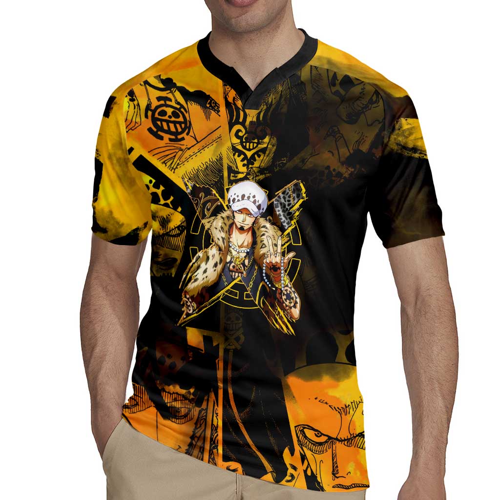 Trafalgar Law One Piece Yellow and Black Theme Rugby Jersey with Jolly Roger Symbol and Manga Panel Design - The Mazicc