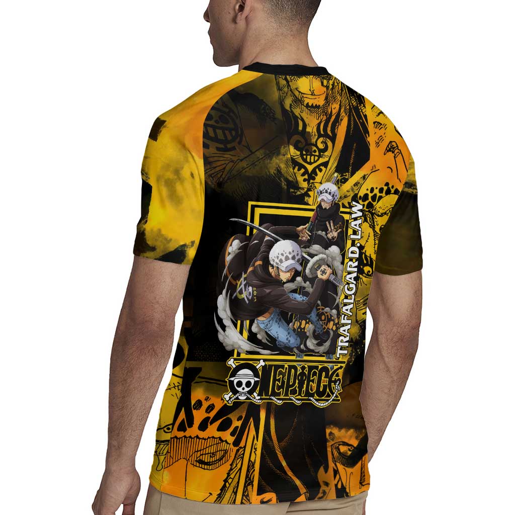 Trafalgar Law One Piece Yellow and Black Theme Rugby Jersey with Jolly Roger Symbol and Manga Panel Design - The Mazicc