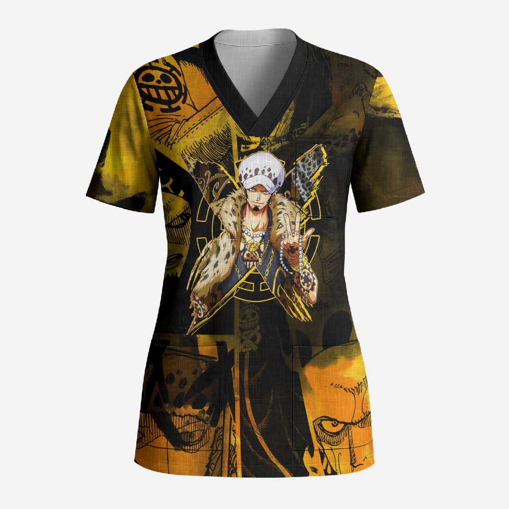Trafalgar Law One Piece Yellow and Black Theme Scrub Top with Jolly Roger Symbol and Manga Panel Design - The Mazicc