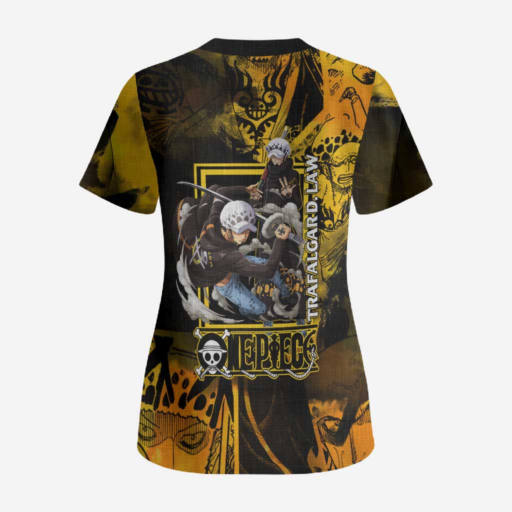 Trafalgar Law One Piece Yellow and Black Theme Scrub Top with Jolly Roger Symbol and Manga Panel Design - The Mazicc