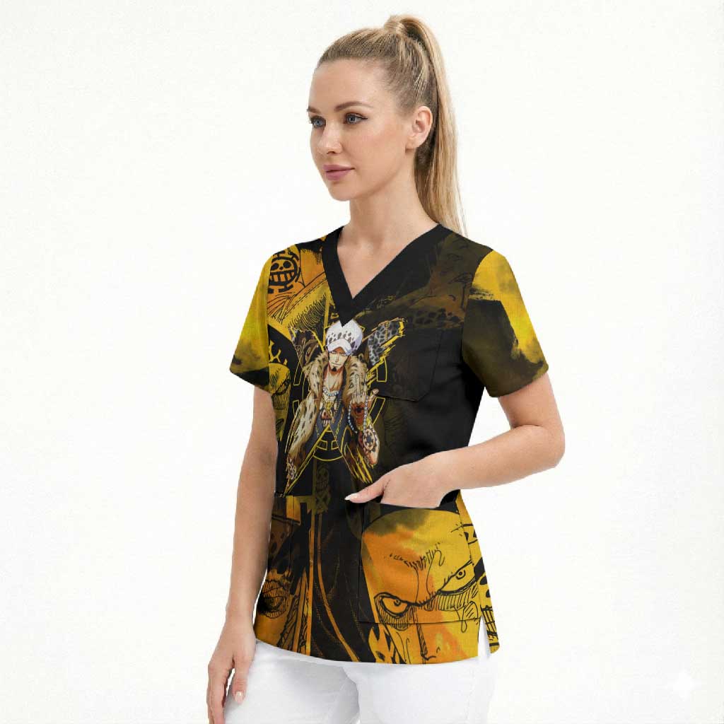 Trafalgar Law One Piece Yellow and Black Theme Scrub Top with Jolly Roger Symbol and Manga Panel Design - The Mazicc