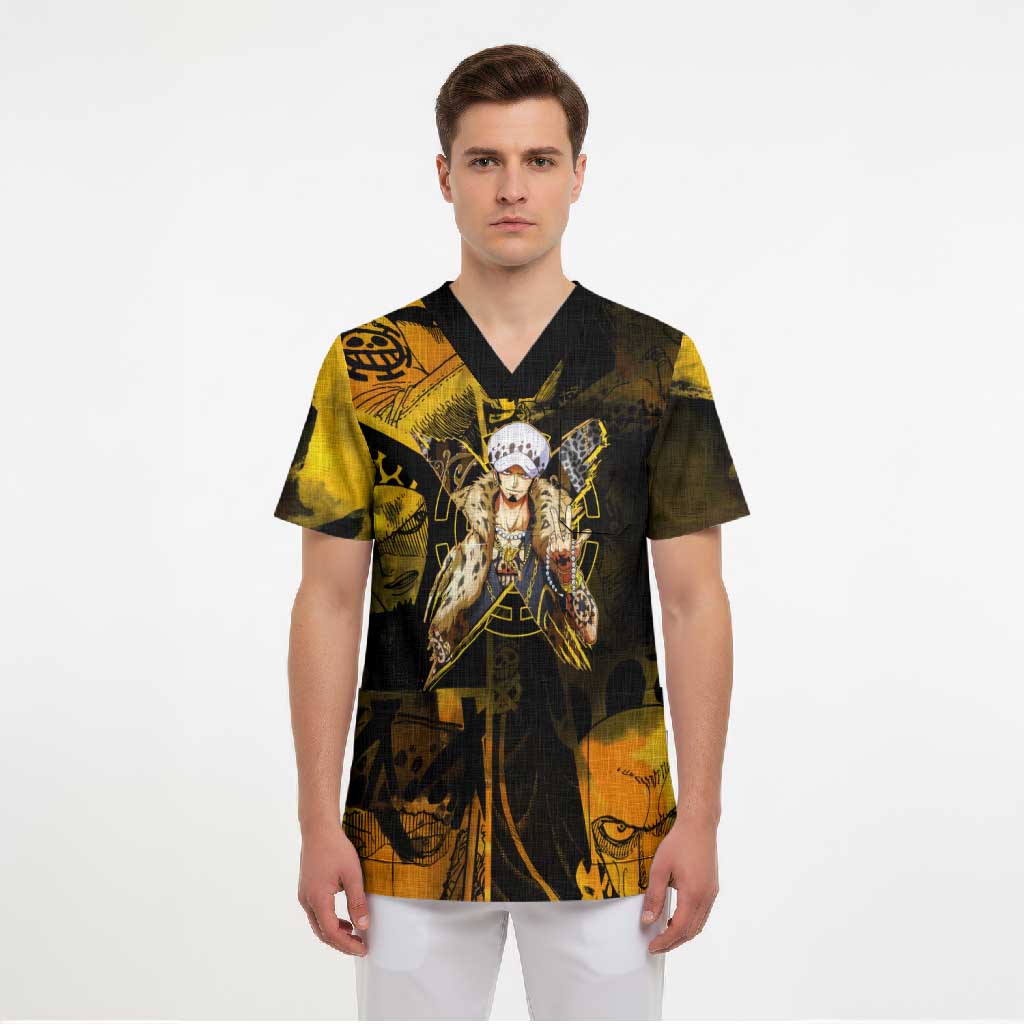 Trafalgar Law One Piece Yellow and Black Theme Scrub Top with Jolly Roger Symbol and Manga Panel Design - The Mazicc