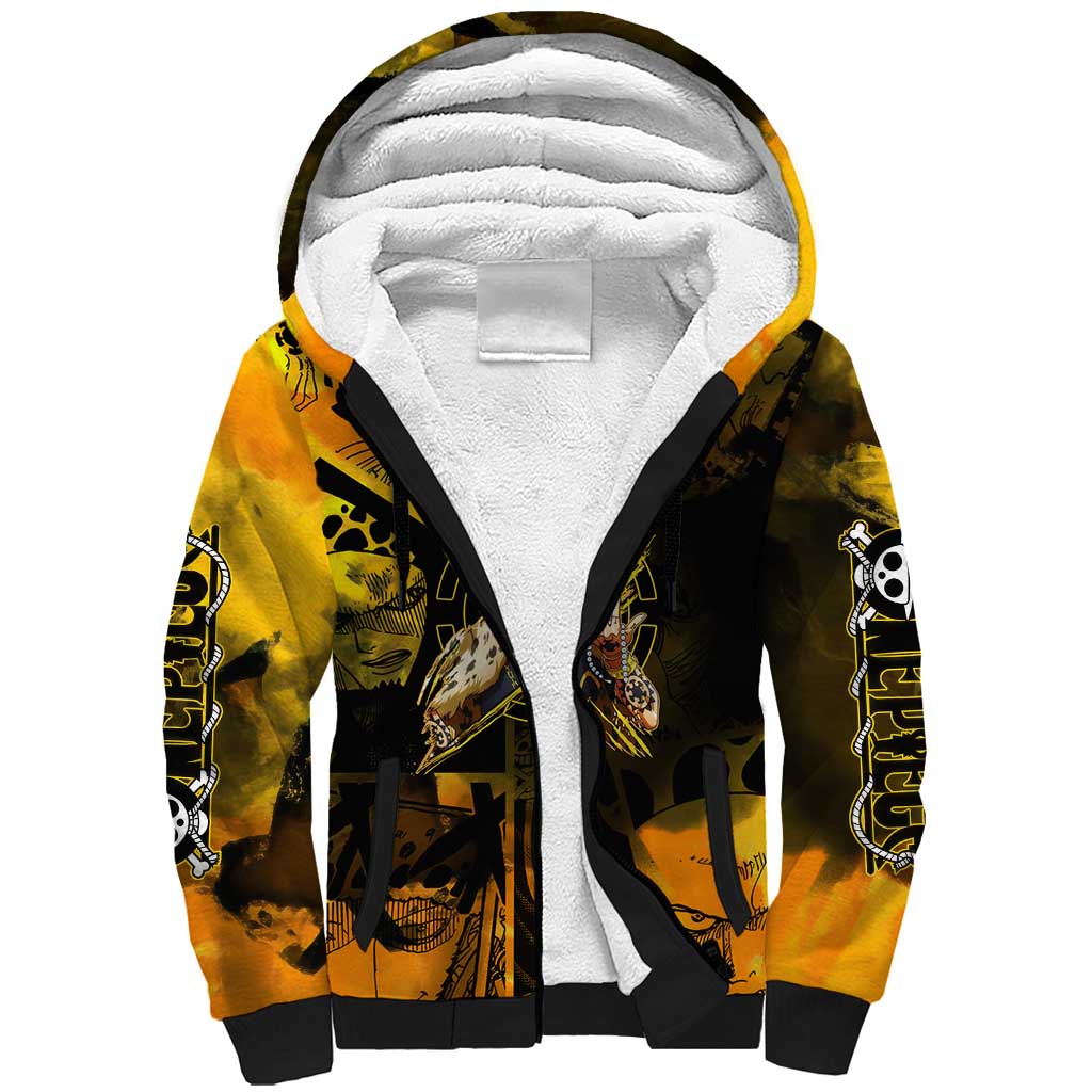 Trafalgar Law One Piece Yellow and Black Theme Sherpa Hoodie with Jolly Roger Symbol and Manga Panel Design - The Mazicc