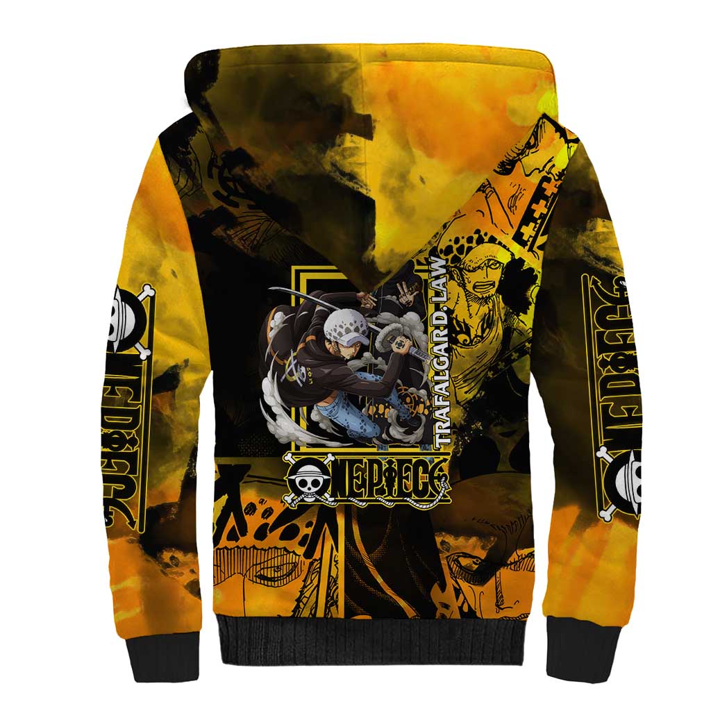Trafalgar Law One Piece Yellow and Black Theme Sherpa Hoodie with Jolly Roger Symbol and Manga Panel Design - The Mazicc
