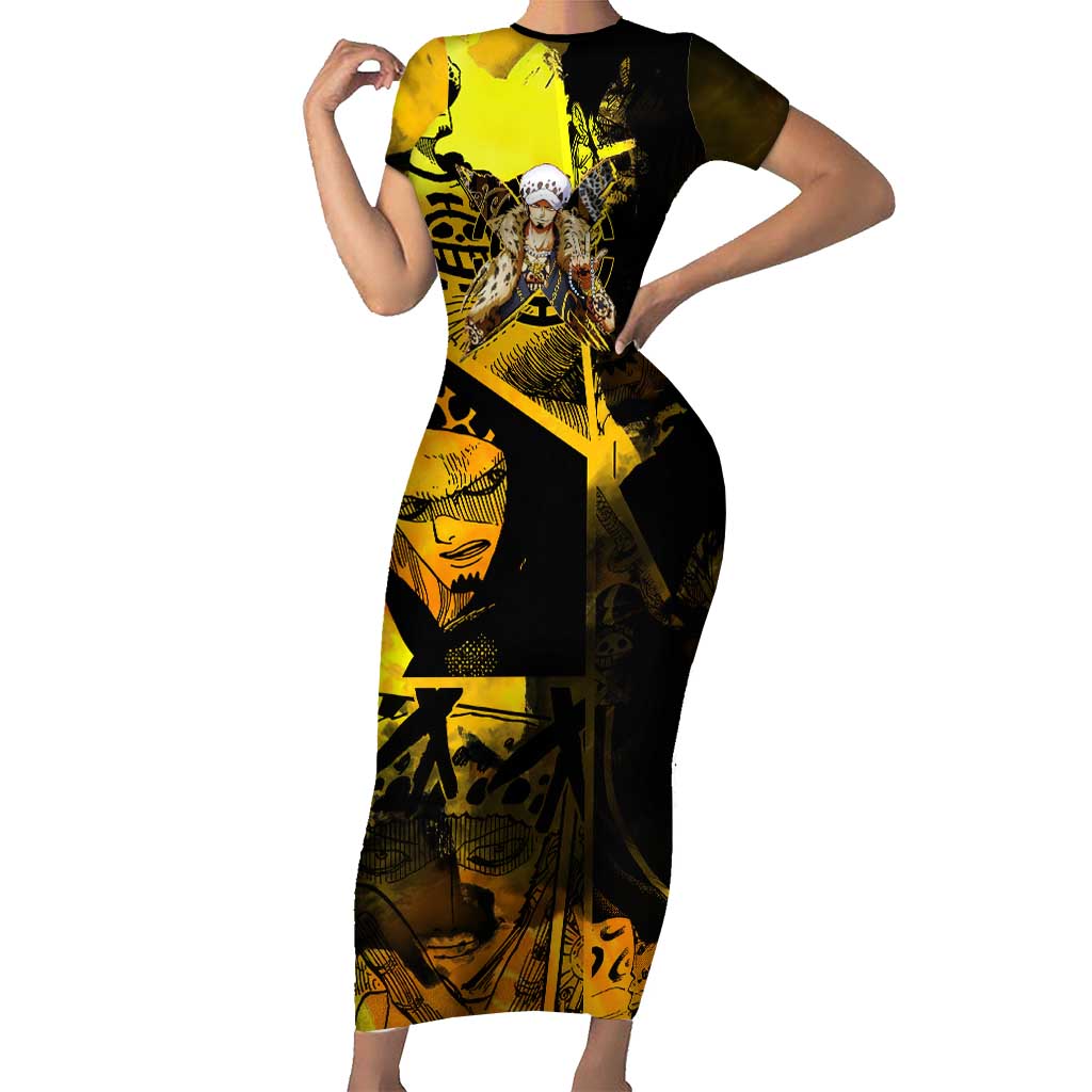 Trafalgar Law One Piece Yellow and Black Theme Short Sleeve Bodycon Dress with Jolly Roger Symbol and Manga Panel Design - The Mazicc