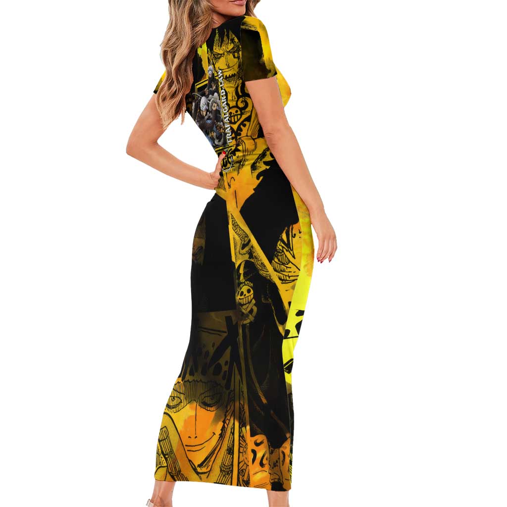 Trafalgar Law One Piece Yellow and Black Theme Short Sleeve Bodycon Dress with Jolly Roger Symbol and Manga Panel Design - The Mazicc