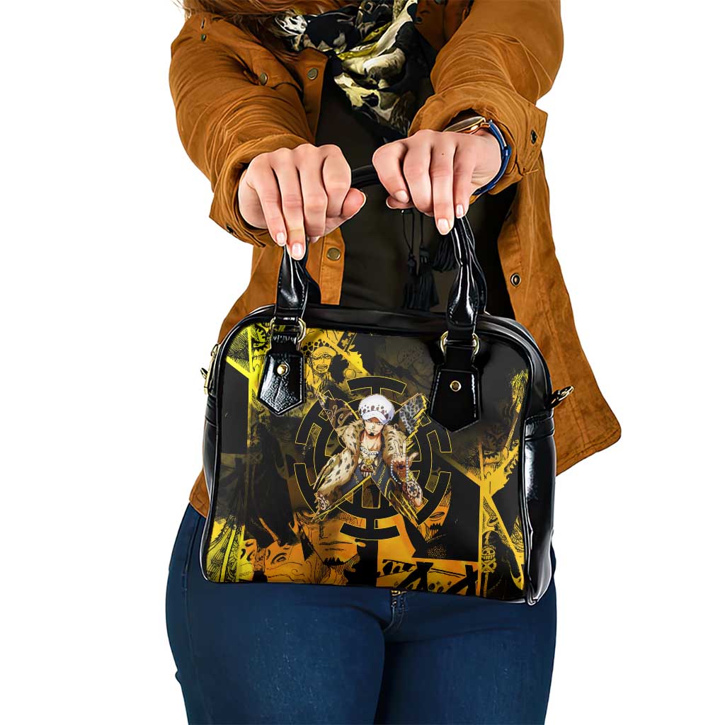 Trafalgar Law One Piece Yellow and Black Theme Shoulder Handbag with Jolly Roger Symbol and Manga Panel Design - The Mazicc