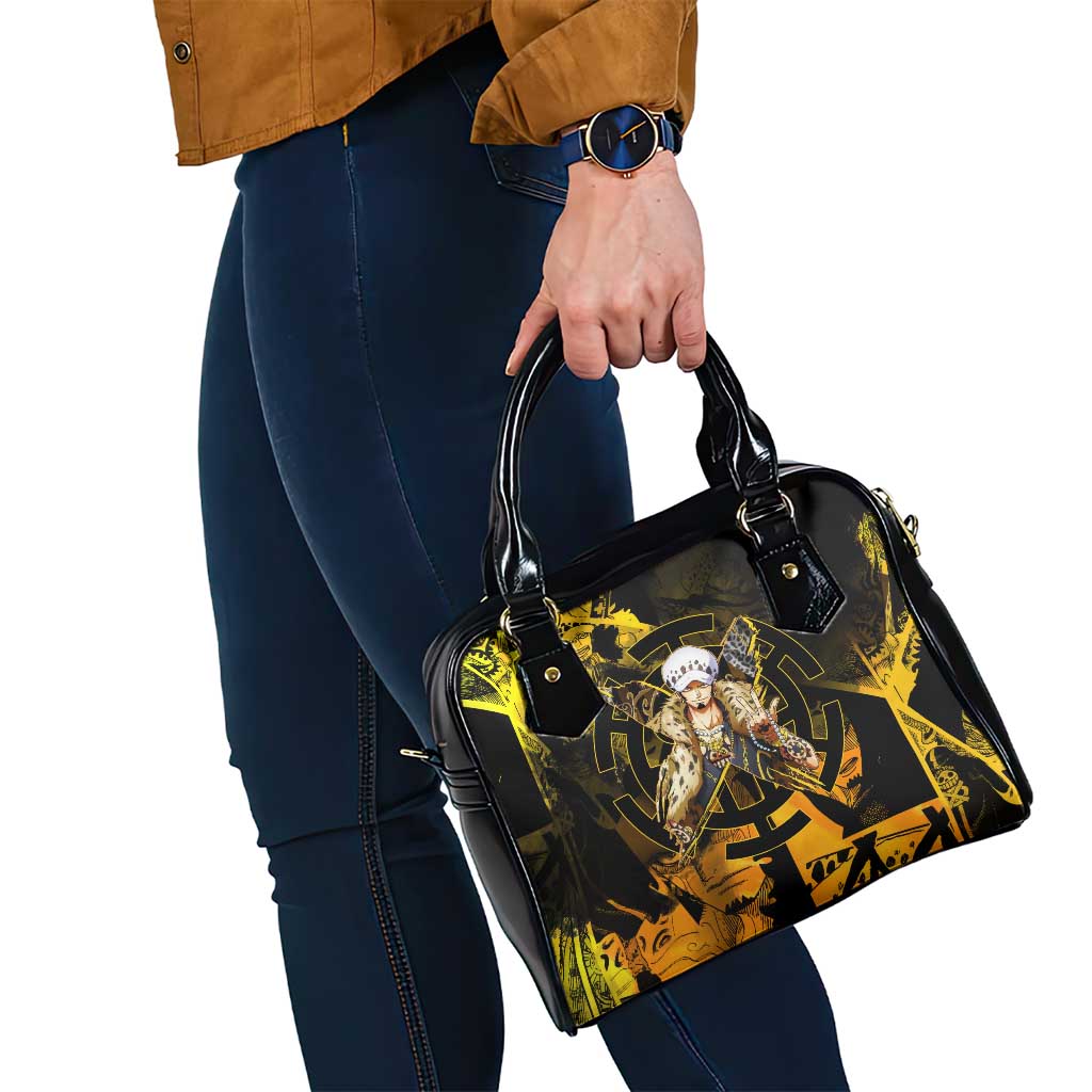 Trafalgar Law One Piece Yellow and Black Theme Shoulder Handbag with Jolly Roger Symbol and Manga Panel Design - The Mazicc