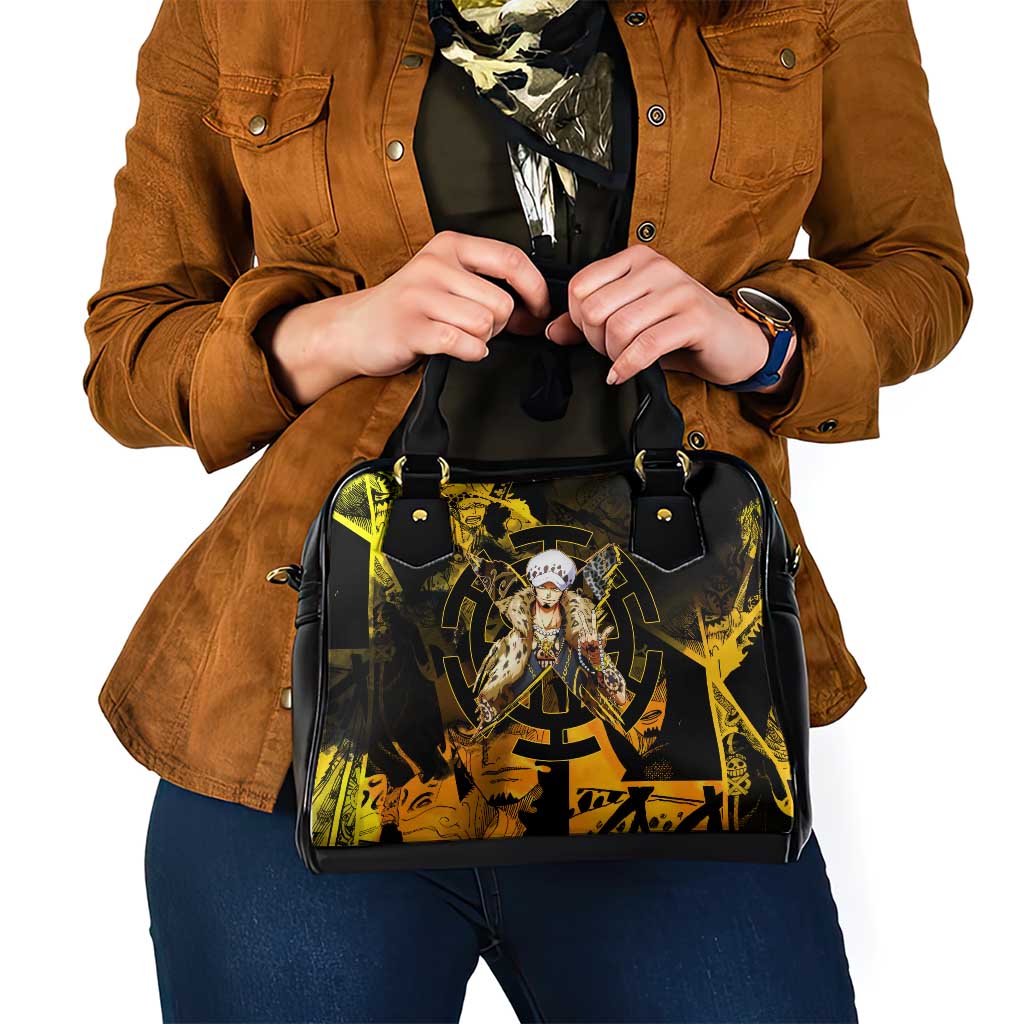 Trafalgar Law One Piece Yellow and Black Theme Shoulder Handbag with Jolly Roger Symbol and Manga Panel Design - The Mazicc