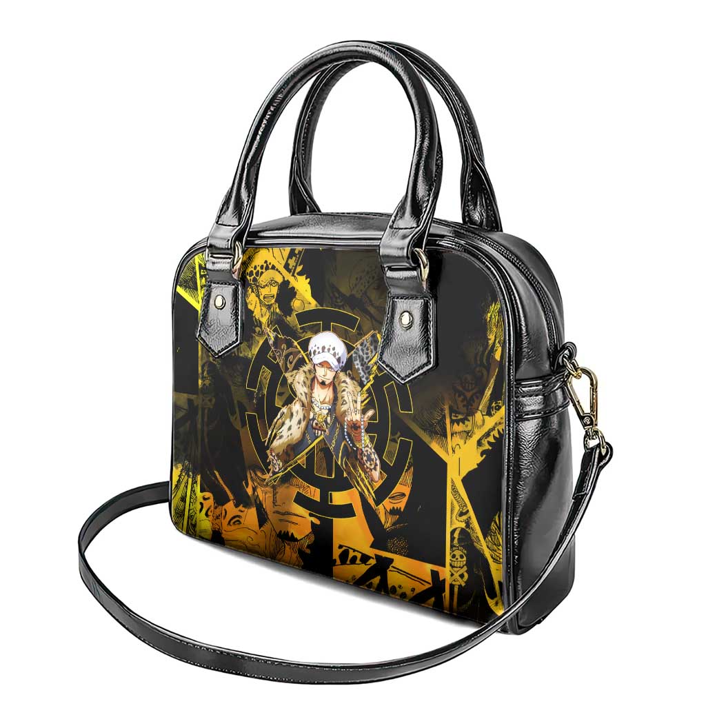 Trafalgar Law One Piece Yellow and Black Theme Shoulder Handbag with Jolly Roger Symbol and Manga Panel Design - The Mazicc