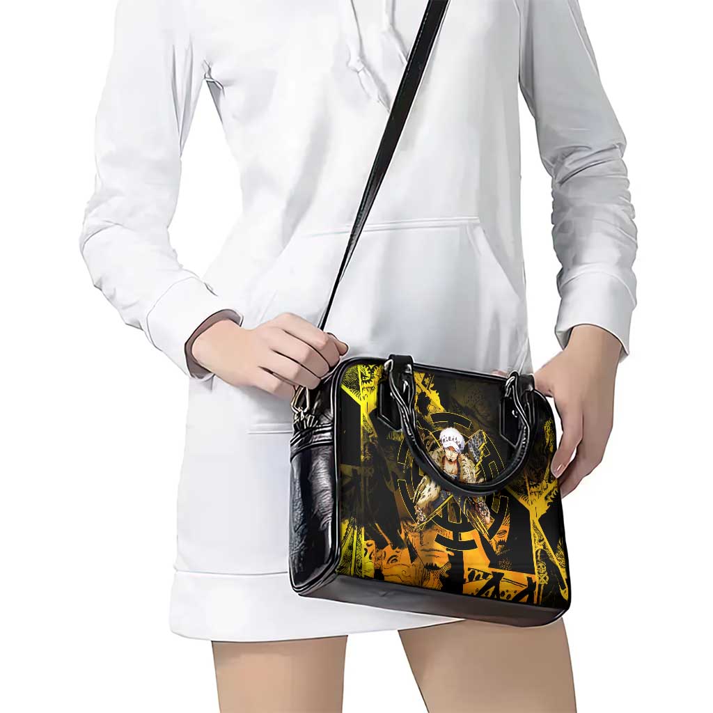 Trafalgar Law One Piece Yellow and Black Theme Shoulder Handbag with Jolly Roger Symbol and Manga Panel Design - The Mazicc