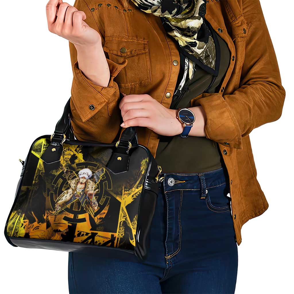 Trafalgar Law One Piece Yellow and Black Theme Shoulder Handbag with Jolly Roger Symbol and Manga Panel Design - The Mazicc