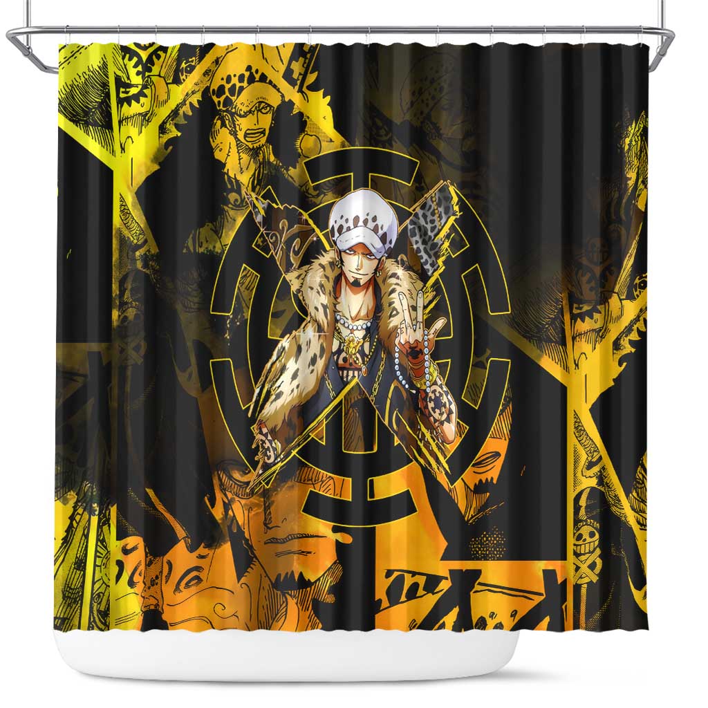 Trafalgar Law One Piece Yellow and Black Theme Shower Curtain with Jolly Roger Symbol and Manga Panel Design - The Mazicc